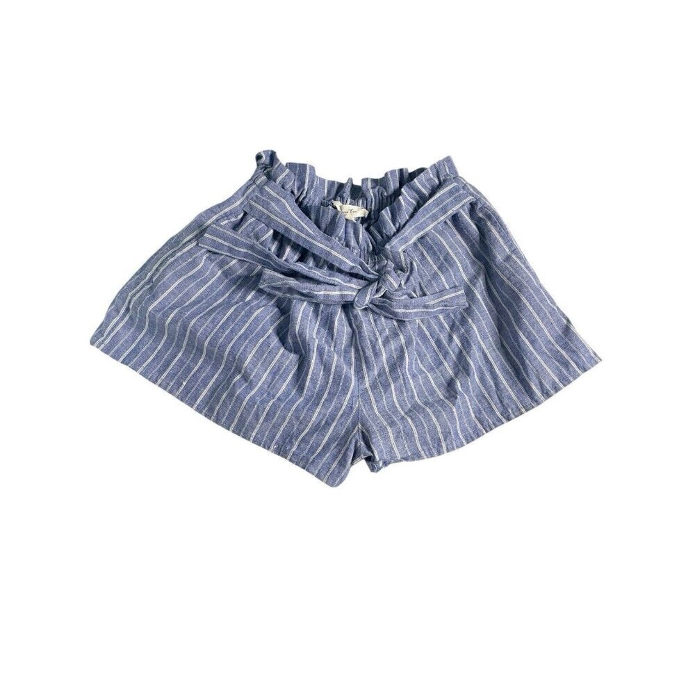 Love Tree Women's Chino Shorts Size M Blue & White Striped Paperbag Waist Belted
